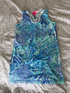 Lilly Pulitzer Girls Blue Green Tropical Print Shift Dress